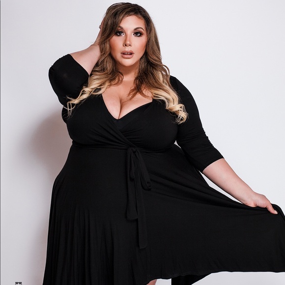 Plus Size Asymmetrical Midi Wrap Dress - Picture 3 of 4